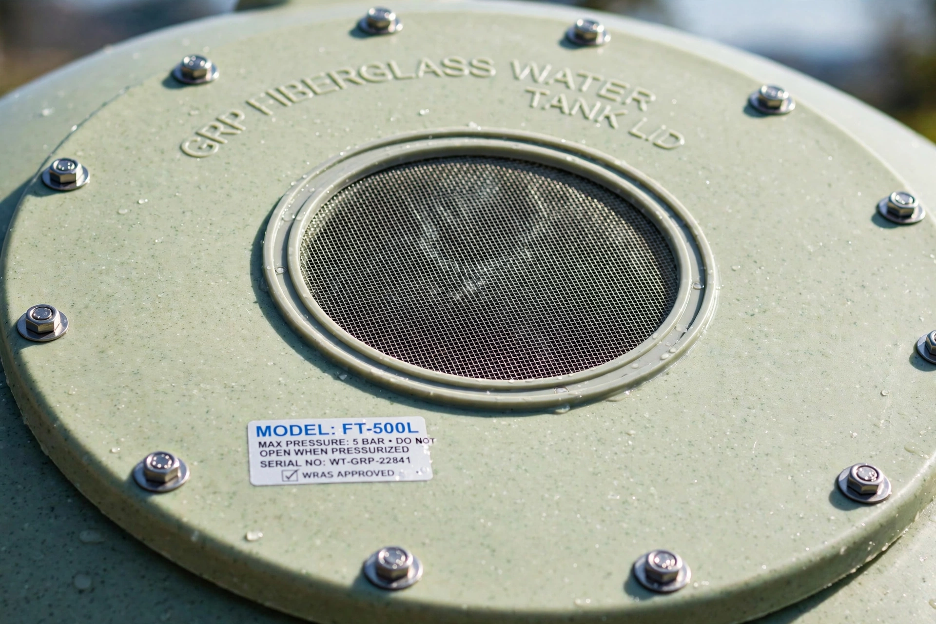 Close-up of a sealed GRP water tank lid