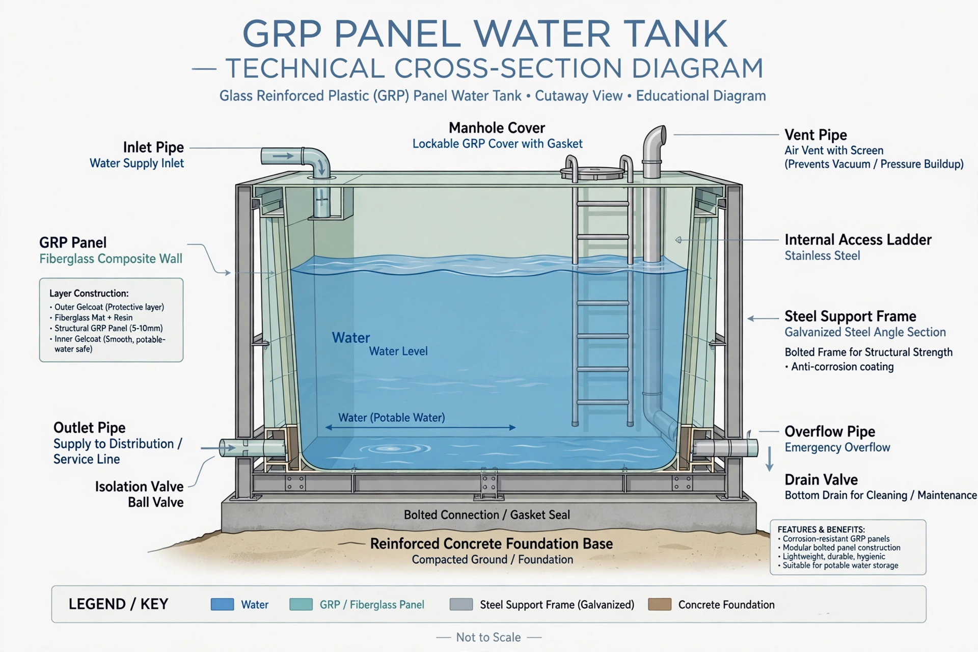 GRP panel water tank cross-section diagram